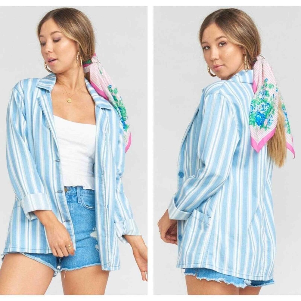 Show Me Your Mumu Womens Blue Striped Breken Blazer Jacket Size XL Summer